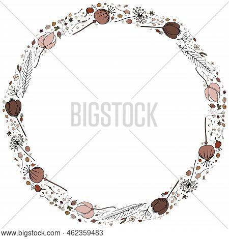 Floral Wreath Of Dried Flowers Isolated On White Background