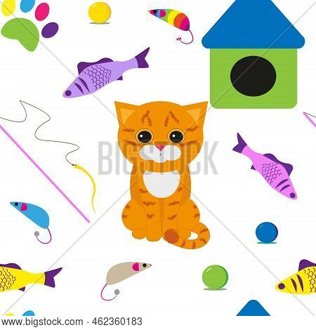 Vector Ginger Cat In Playroom Seamless Pattern