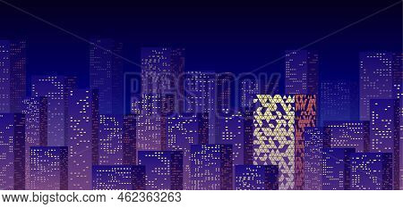 Neon Night In The Business City With Skyscrapers. Purple Highrise Cityscape Background In 80s Style 