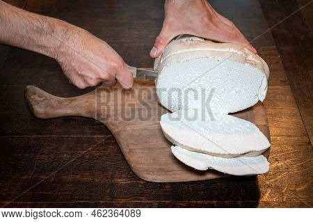Slicing Giant Puffball Mushroom In The Kitchen, Selective Focus