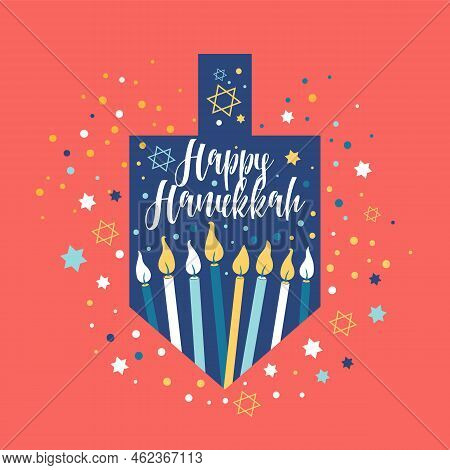 Happy Hanukkah, Jewish Festival Of Lights Greeting Card With Chanukah Symbols Dreidels, Spinning Top