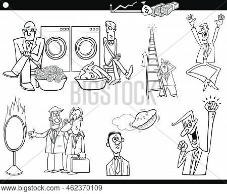 Black And White Cartoon Illustration Of Business Concepts With Comic People And Businessmen Characte