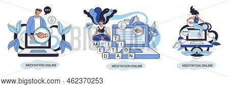Meditation Online. Classes Laptop, Practicing Yoga, Mental Exercises Metaphor. Live Stream, Internet