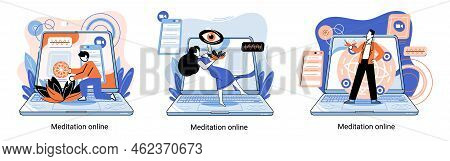 Meditation Online Metaphor. Classes On Laptop, Practicing Yoga, Mental Exercises. Live Stream, Inter