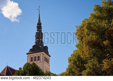 The Tower Of A Medieval Cathedral In The Old Town In Tallinn, Estonia.