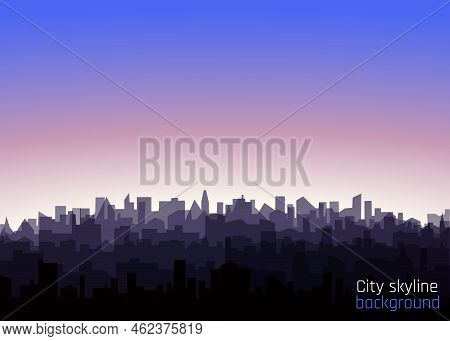 Morning Landscape Of Modern City Silhouettes. Cityscape With Sunrise. Vector Cityline Background