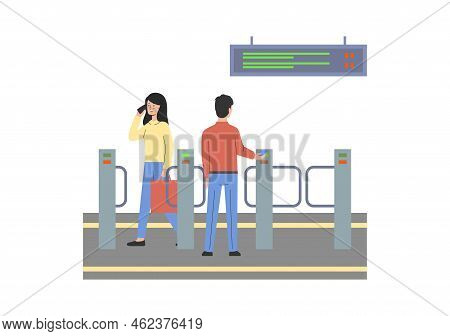 Metro Ticket Online Buying Concept. Male And Female Character. Woman Exit Subway Talking On Phone. M