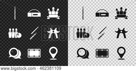 Set Billiard Cue, Case For Billiard, Bowling Pin, Ball, Table, Location With Bowling, And And Icon. 