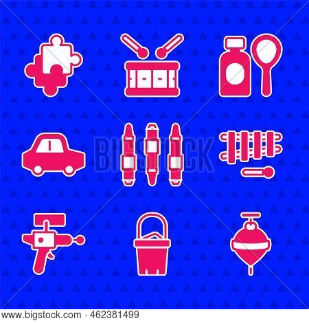 Set Marker Pen, Sand In Bucket, Whirligig Toy, Xylophone, Ray Gun, Toy Car, Soap Bubbles Bottle And 