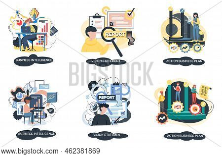 Business Intelligence Action Business Plan. Strategic Planning Automation Process. Mission Rules Vis