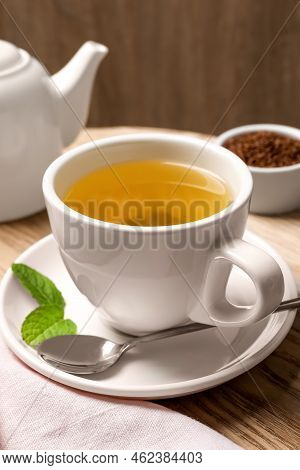 Freshly Made Buckwheat Tea On Wooden Table, Closeup