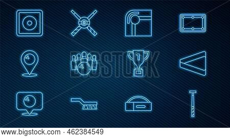 Set Line Billiard Cue, Triangle, Table, Bowling Pin And Ball, Location With Bowling, Chalk, Award Cu