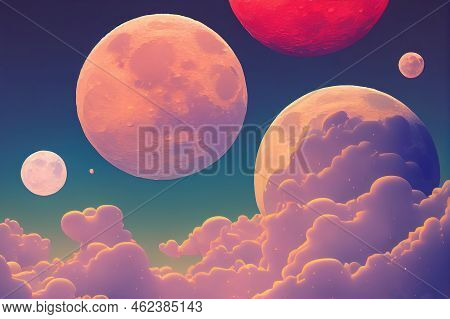 3d Render Of Bunny Or Rabbit, Happy Moon And Clouds