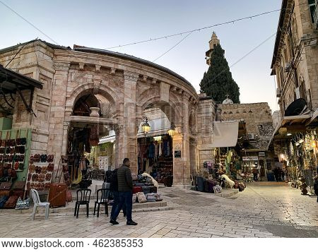Jerusalem, Israel - December 28, 2021: Muristan Is A Complex Of Streets And Shops In The Christian Q