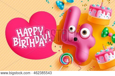 Happy Birthday Text Vector Background Design. 4th Birthday Balloon With Pink Heart Space For Text An