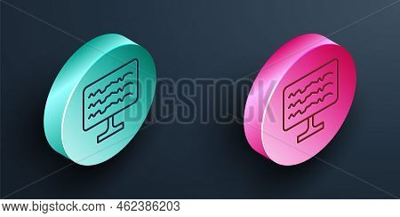 Isometric Line Encephalogram Icon Isolated On Black Background. Electrical Activity. Turquoise And P