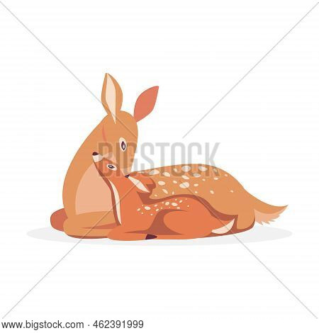 Cartoon Deer. Male Horny, Female, Baby Fawn Spotted Reindeer Isolated On White. Vector Illustrations