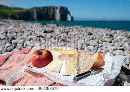 Lunch With French Round Camembert Cow Cheese From Calvados Region, Fresh Baked Baguette Bread And Ap