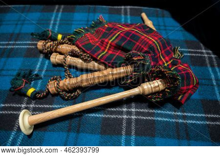 Symbols Of Scotland - Wollen Tartan Textile And Handmade Musical Instrument Bagpipes