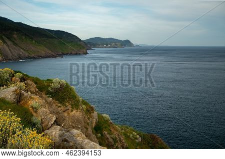 Cliffs And Green Pastures,atlantic Ocean Bay Near Bakio, Small Touristic Village, Basque Country, Sp