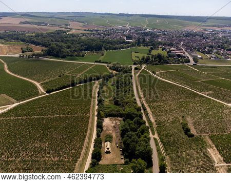 Aerial View On Chablis Grand Cru Appellation Vineyards With Grapes Growing On Limestone And Marl Soi