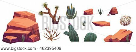 Set Of Desert Mountain Rocks And Cacti, Tumbleweed, Stones, Green Piked Plants. Isolated Natural Ele