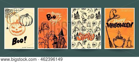 Set Of Four Vector Halloween Pre-made Cards Or Posters With Hand Drawn Elements And Abstract Texture