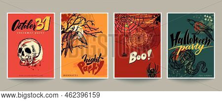 Set Of Four Vector Halloween Pre-made Cards Or Posters With Hand Drawn Elements And Abstract Texture
