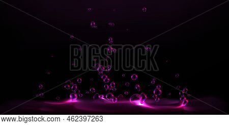 Abstract Background With Purple Liquid And Rising Up Air Bubbles. Water Splash With Flying Drops In 