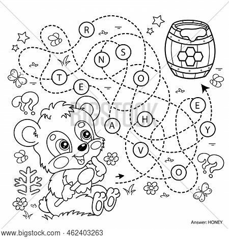 Maze Or Labyrinth Game. Puzzle. Tangled Road. Coloring Page Outline Of Cartoon Little Bear Cub With 