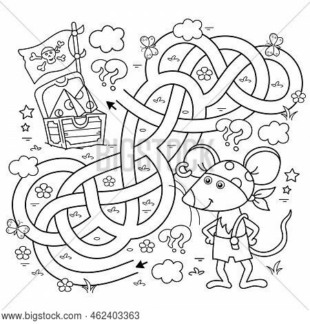 Maze Or Labyrinth Game. Puzzle. Tangled Road. Coloring Page Outline Of Cartoon Little Pirate Mouse W