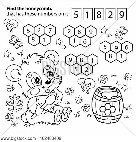 Math Game. Puzzle For Kids. Coloring Page Outline Of Cartoon Little Bear Cub With Barrel Of Honey. C