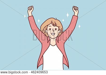 Smiling Woman Raise Hands Celebrate Success Or Promotion. Happy Female Feel Euphoric With Win Or Vic