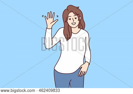 Portrait Of Smiling Young Woman Wave With Hand Feeling Overjoyed And Optimistic. Happy Female Make H