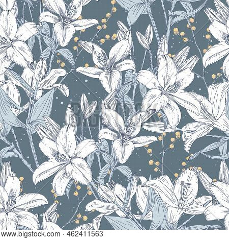 Floral Design With Daylilies Seamless Pattern With Spring Blooming Flowers And Berries. Delicate Pas