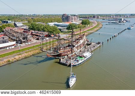 Aerial From An Old Dutch Voc Ship In The Harbor From Lelystad In The Netherlands