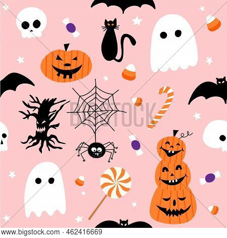 Cute Halloween Seamless Pattern With Spider Web, Ghosts And Pumpkins. Cute Doodle Design. Jack O Lan