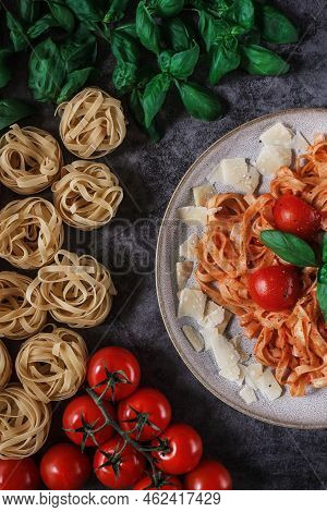 Traditional Pasta With Tomatoes, Basil And Parmesan Cheese. Italian Flag Colors. Food Styling. Disch
