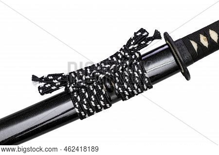 Close Up Shot Of Sageo - Thick Black-white Silk Rope For Tying The Scabbard Of Japanese Swords. It W