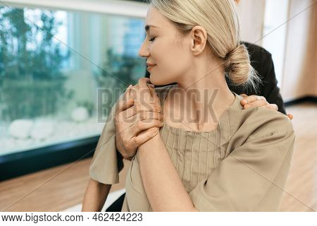Beautiful Woman Getting Therapeutic Massage Yumeiho For Her Body And Neck. Oriental Rehabilitation T