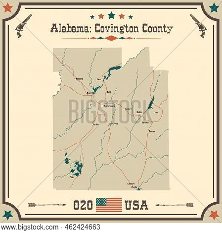Large And Accurate Map Of Covington County, Alabama, Usa With Vintage Colors.