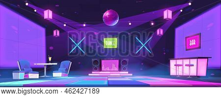 Nightclub With Bar Counter, Tables, Dj Console And Dance Floor Illuminated By Disco Ball And Spotlig