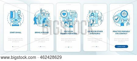 Overcome Shyness Blue Onboarding Mobile App Screen. Networking Advices Walkthrough 5 Steps Editable 