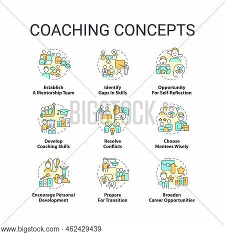 Coaching Concept Icons Set. Mentorship Program Idea Thin Line Color Illustrations. Mentee, Mentor. C