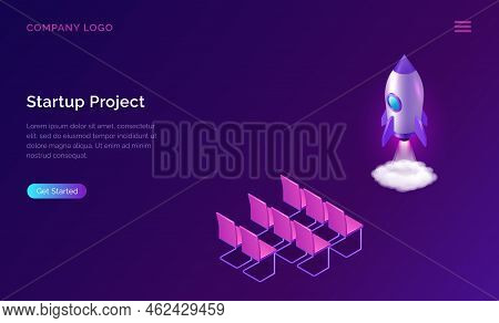 Business Start Up Presentation Isometric Concept Vector Illustration. Rocket Taking Off With Fire An