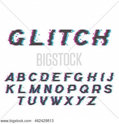 Glitch Font Or Distorted Abc, Trendy Latin Type Set Vector Illustration. Broken Characters, Distorti