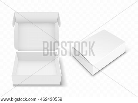 White Blank Cardboard Box With Flip Top, Realistic Vector Illustration. Rectangular Caton Pack With 