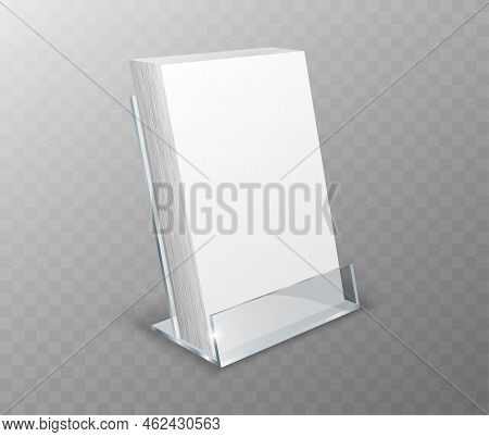 Acrylic Holder, Table Display, Glass Plastic Stand Or Desk Rack With Blank Cards, Realistic Vector I