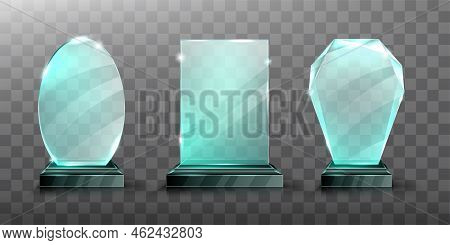 Glass Trophy Or Winner Award Realistic Vector Illustration. Transparent Crystal Plate Or Blue Acryli