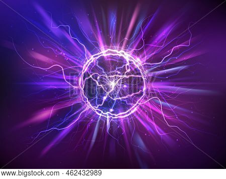 Electric Ball Or Plasma Sphere With Rays, Realistic Vector Illustration. Abstractt Ball Lightning Wi